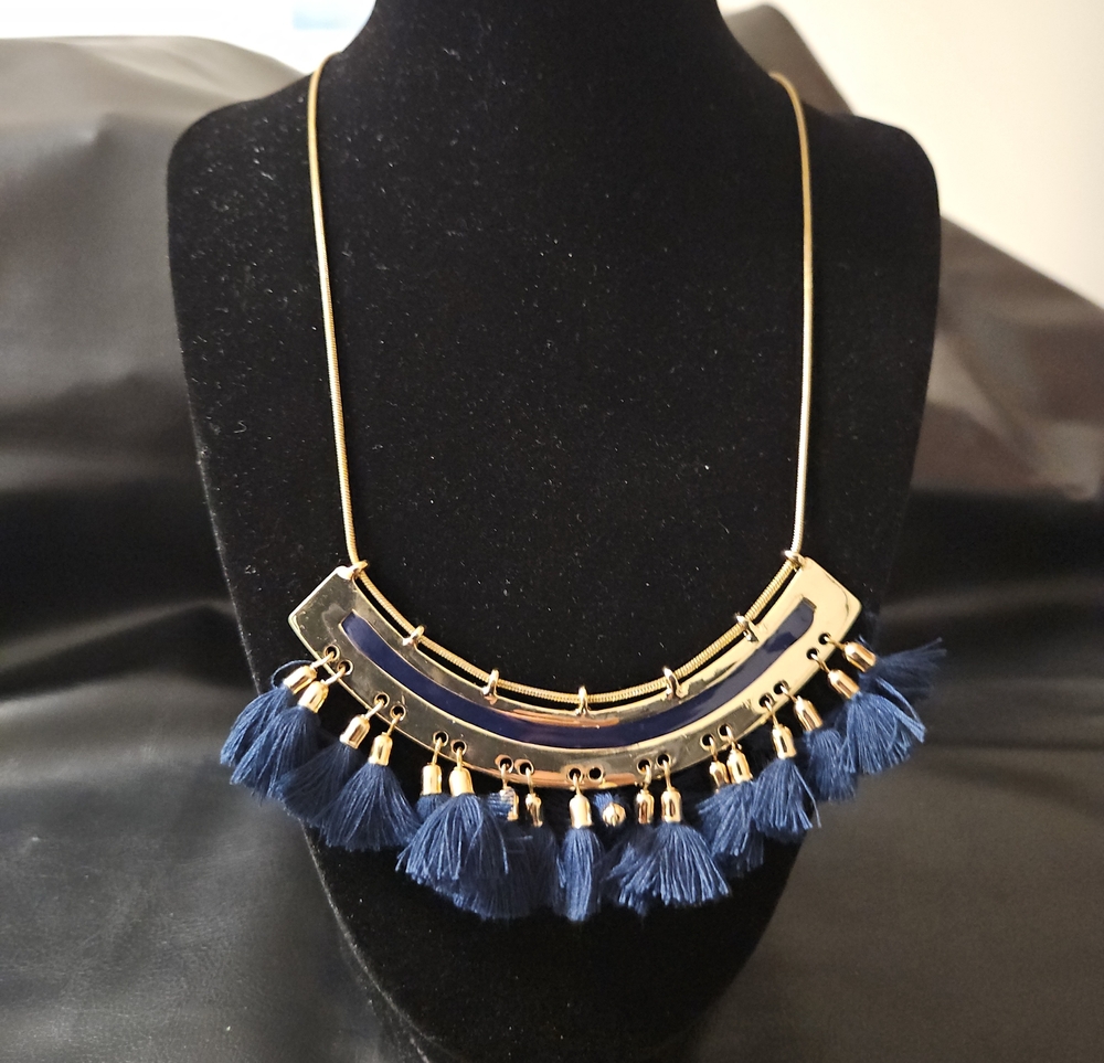 Gold and Navy Tassel Statement Necklace